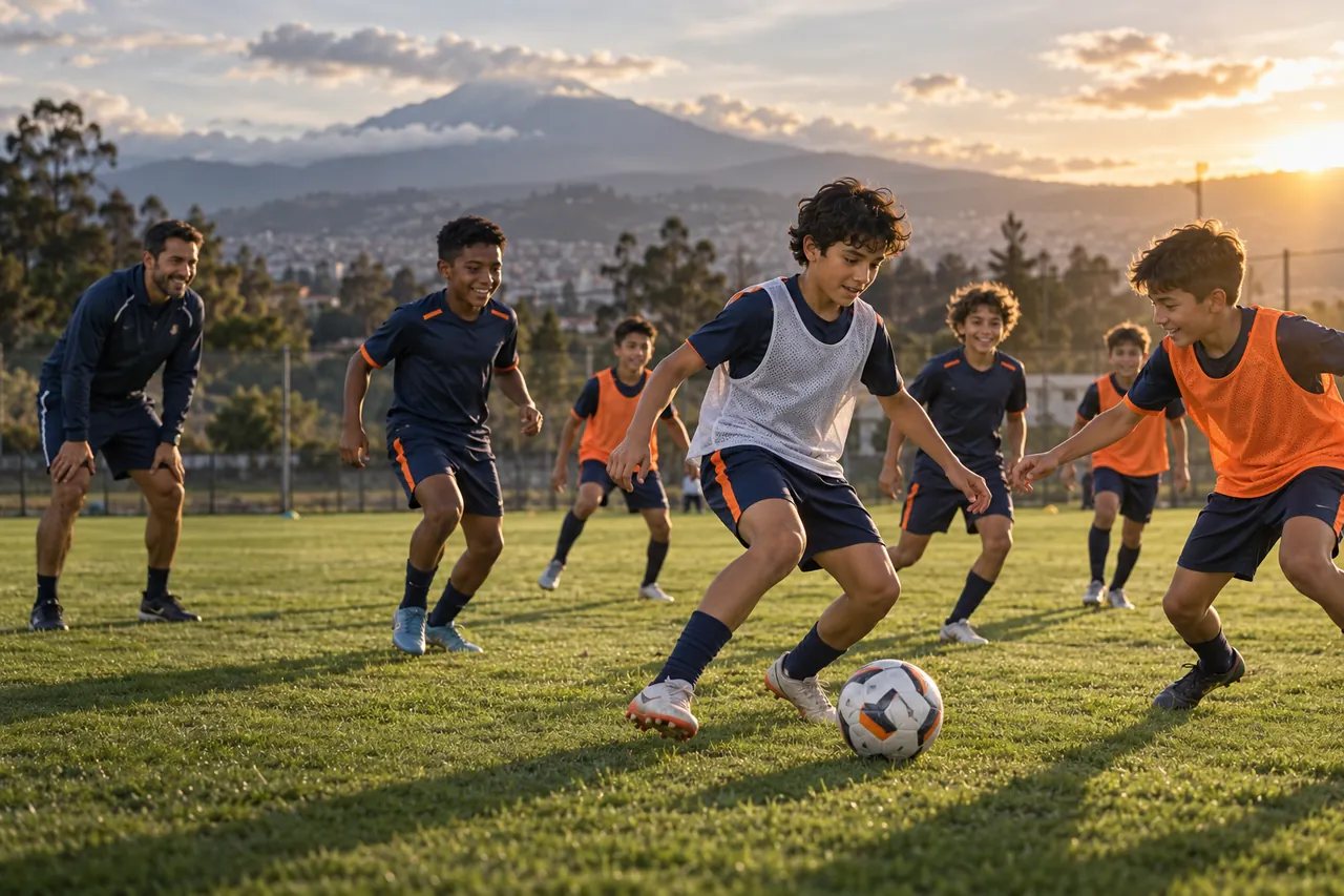 Equipo juvenil entrenando en una cancha de fútbol